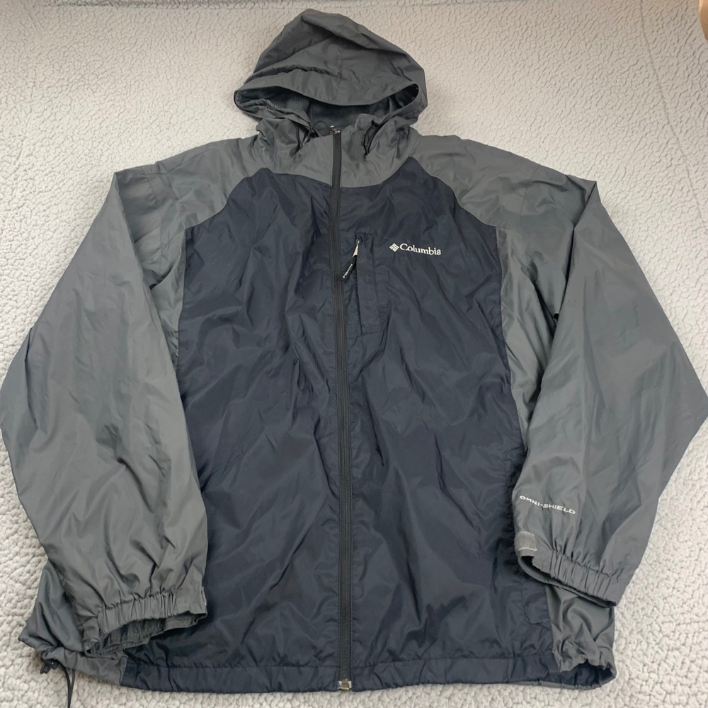 Columbia Jacket Mens XL Grey‎ Black Omni-Shield Mesh Lined Hooded Windbreaker